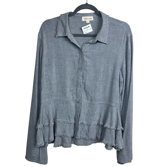 Cloth&Stone Peplum Button Down Shirt Women's Frayed Hem Gray - Picture 1 of 9